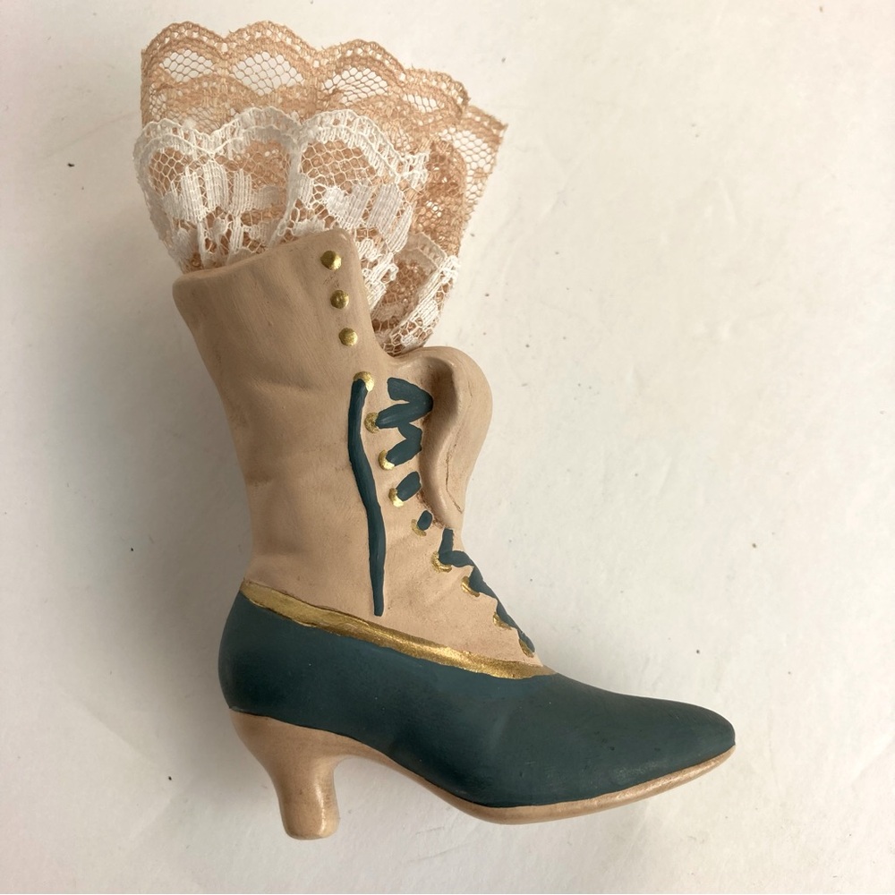 Vintage porcelain ceramic ladies Victorian boot with lace miniature figurine